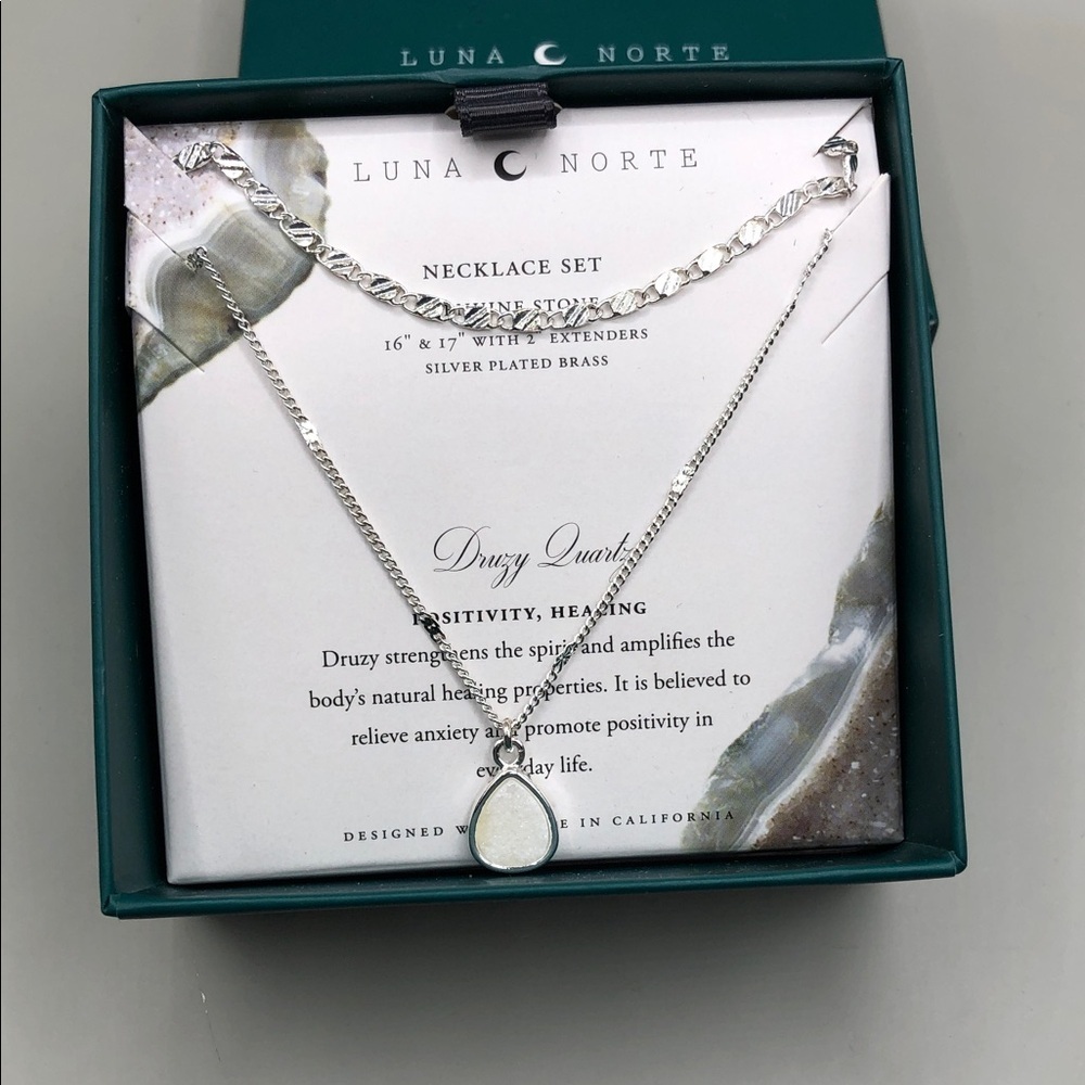 Luna Norte Druzy Quartz Necklace Chain Layered Look Silver Plated New Giftable.